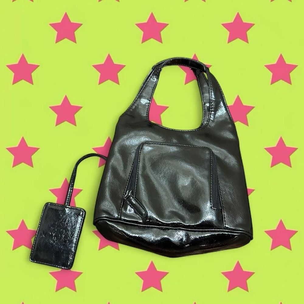 90s Black Patent Leather Nine West Purse with Mirror Accessory